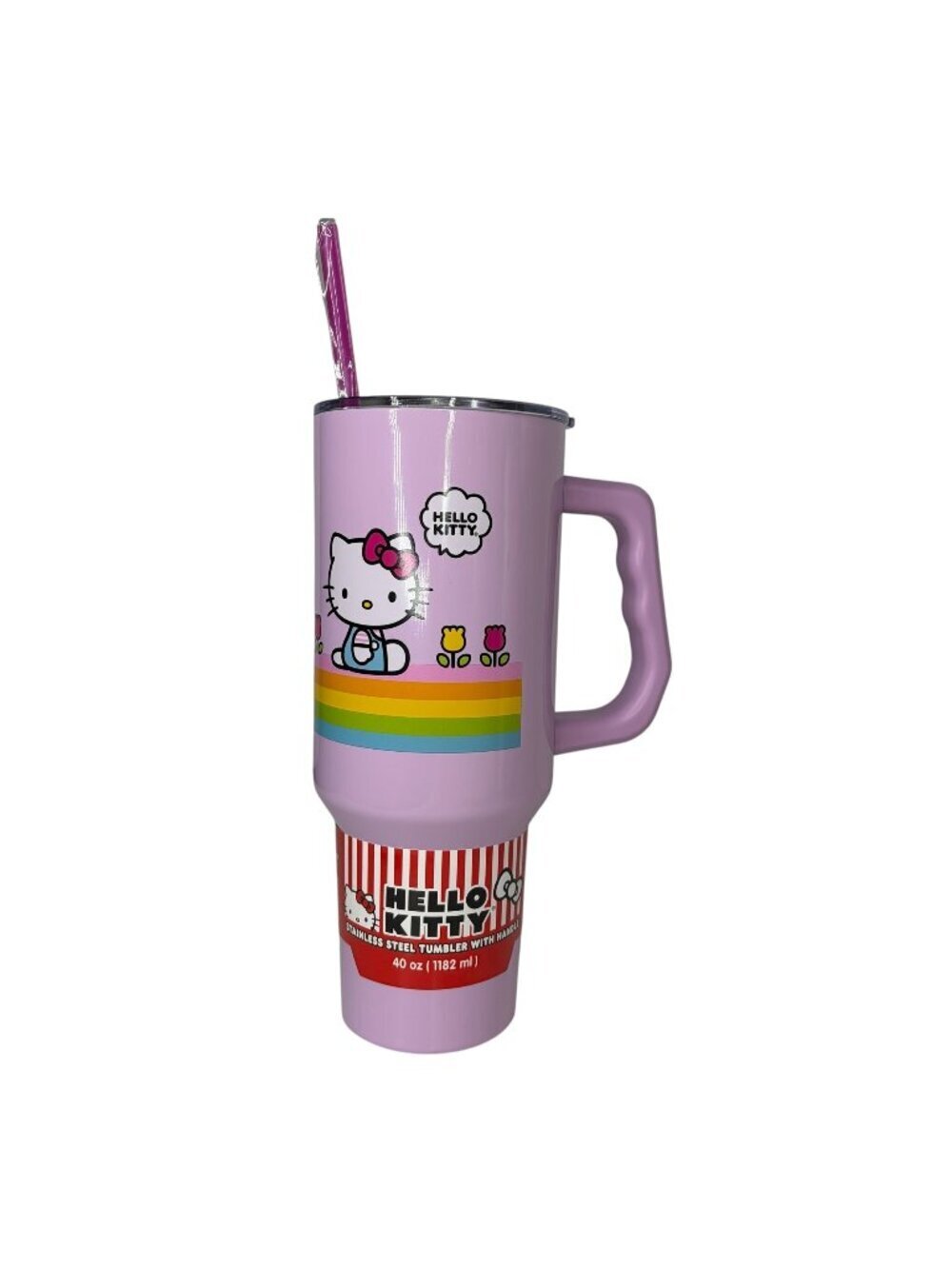 Hello Kitty 40oz Tumbler with Handle Lavender Purple Rainbow Tulips Sanrio New